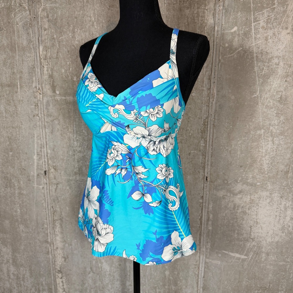 Beach House Blue Floral Tankini Swim Top Size 8 Adjustable Racerback Tropical